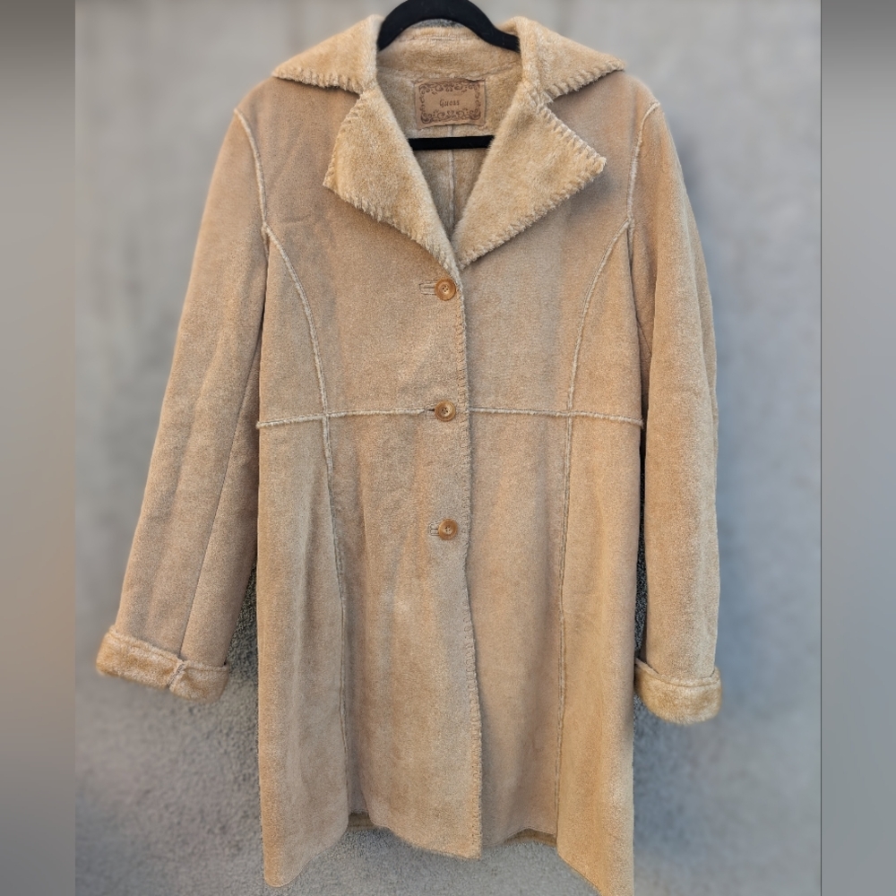 Y2k era tan suede Penny Lane style coat genuine leather faux fur lining size M
